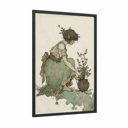 Nurturing Gardener framed herbs print — black wood frame — green and beige palette