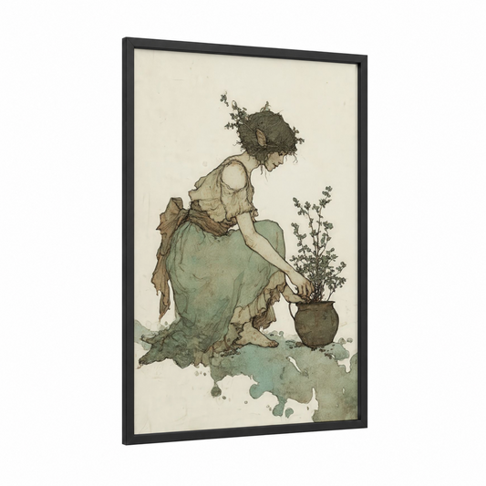 Nurturing Gardener framed herbs print — black wood frame — green and beige palette
