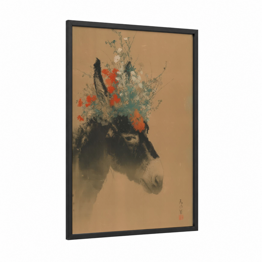 Blooming Donkey framed art print — black wood frame — cream and orange palette