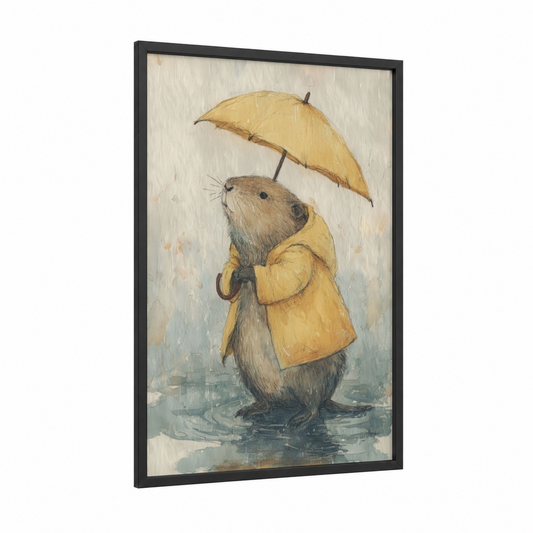 Rainy Day Beaver framed art print — black wood frame — yellow gold and gray palette