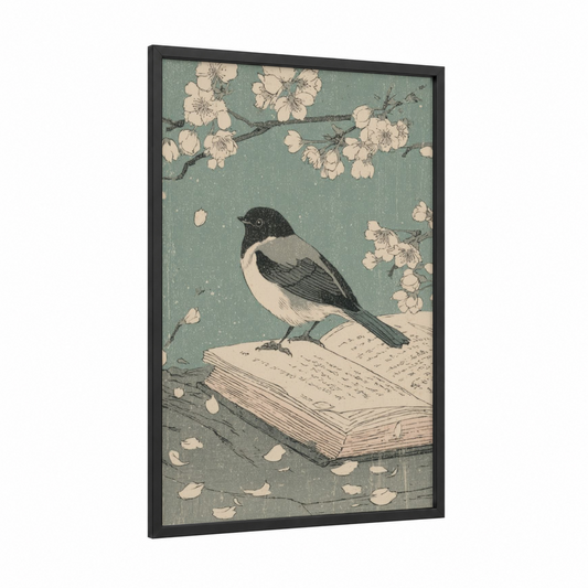 Literary Magpie framed reading print — black wood frame — sage green and cream palette