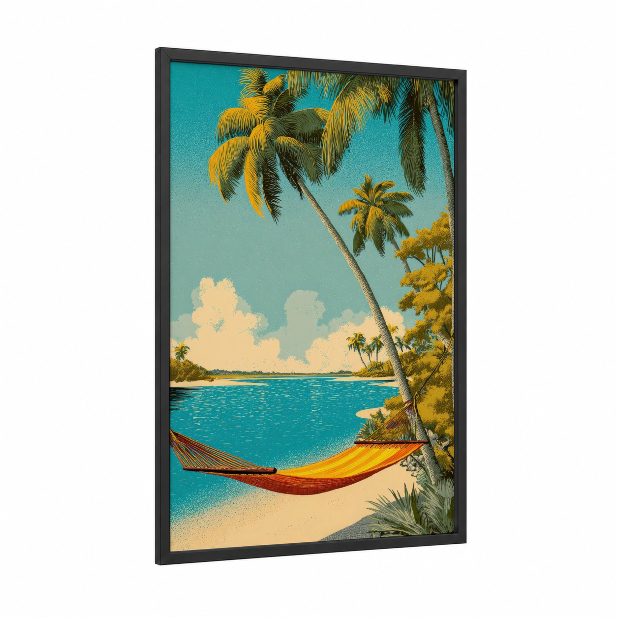 Tropical Hammock Paradise framed sandy beach print — black wood frame — teal and gold palette