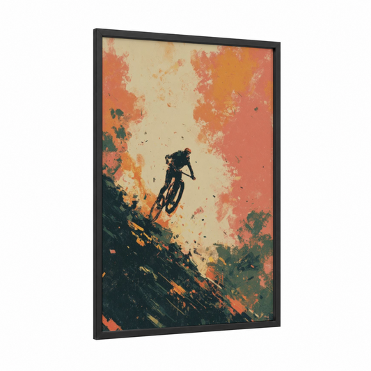 Mountain Biker framed art for boy print — black wood frame — orange and teal palette