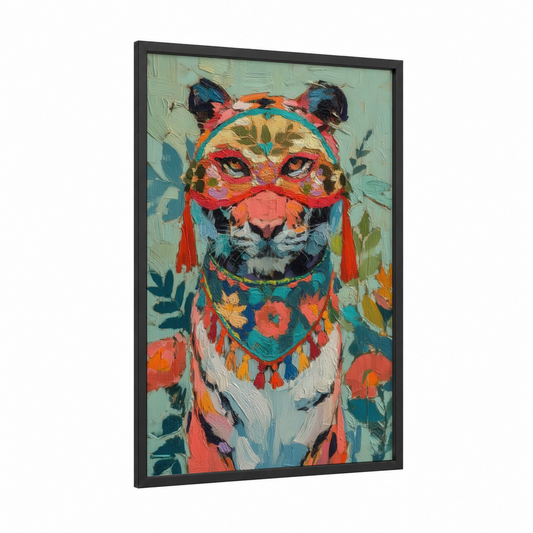 Ornamental Tiger framed art print — black wood frame — turquoise and orange palette
