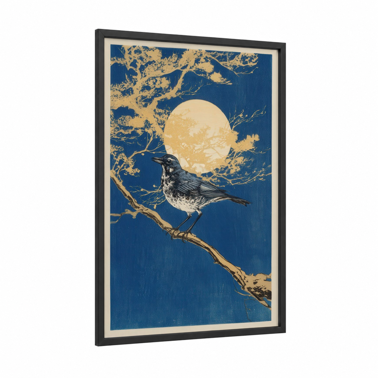 Moonlit Thrush framed art print — black wood frame — blue and gold and royal blue palette