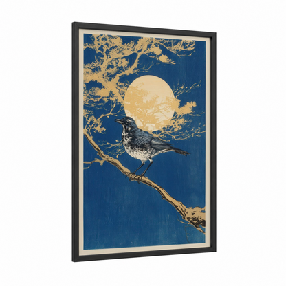 Moonlit Thrush framed art print — black wood frame — blue and gold and royal blue palette