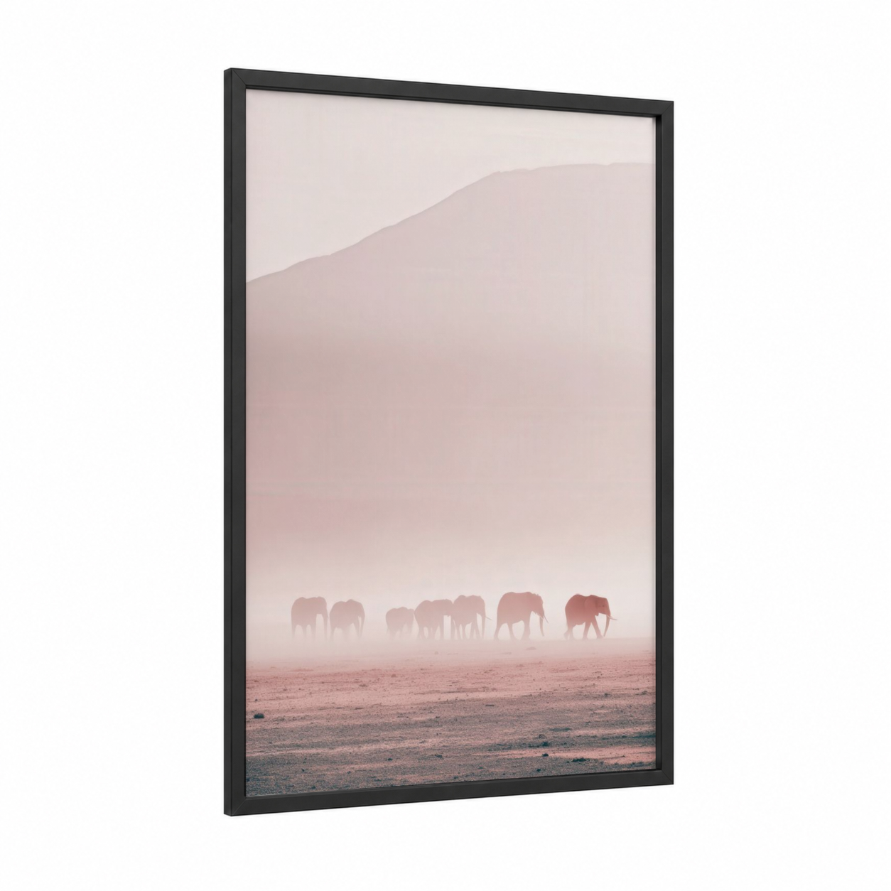 Misty Savanna Elephants framed art print — black wood frame — salmon pink and beige palette