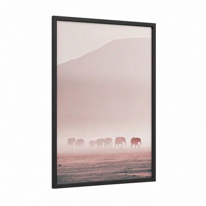 Misty Savanna Elephants framed art print — black wood frame — salmon pink and beige palette