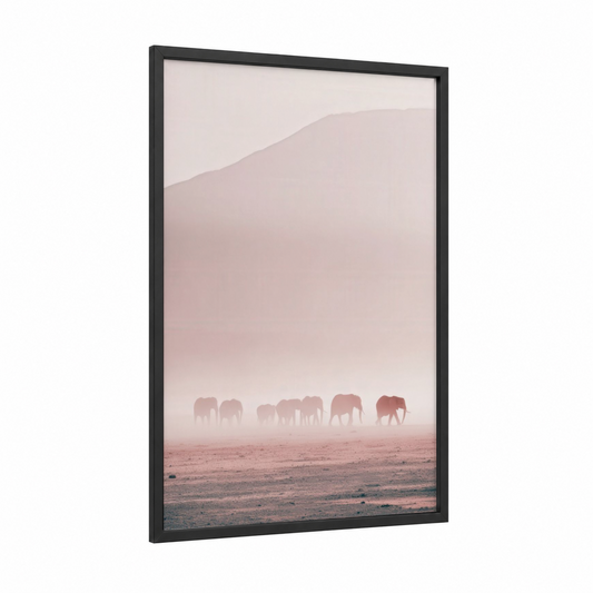 Misty Savanna Elephants framed art print — black wood frame — salmon pink and beige palette