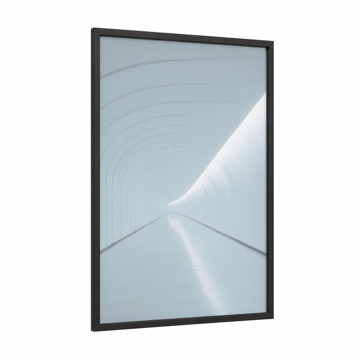 Modern Light Tunnel framed art print — black wood frame — gray and white palette