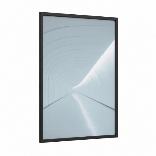 Modern Light Tunnel framed art print — black wood frame — gray and white palette