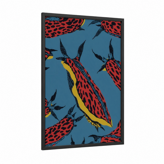 Crimson Nudibranch framed art print — black wood frame — red and blue palette