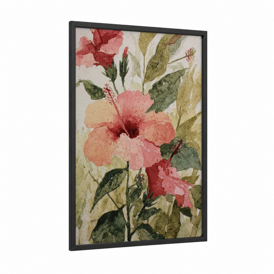 Coral Hibiscus Bloom framed art print — black wood frame — salmon pink and sage green palette
