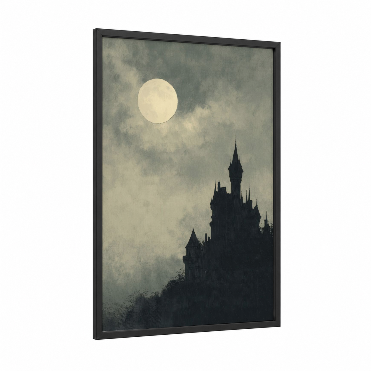 Moonlit Castle framed night sky print — black wood frame — black and white and dove gray palette