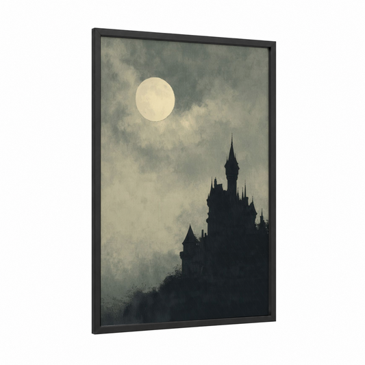 Moonlit Castle framed night sky print — black wood frame — black and white and dove gray palette