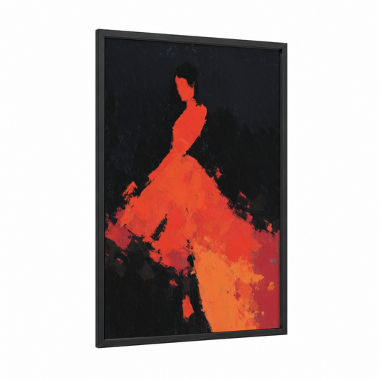 Crimson Dancer framed flamenco print — black wood frame — red and black palette