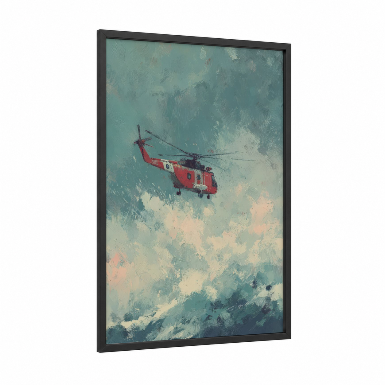 Mountain Rescue Helicopter framed art print — black wood frame — teal and cream palette