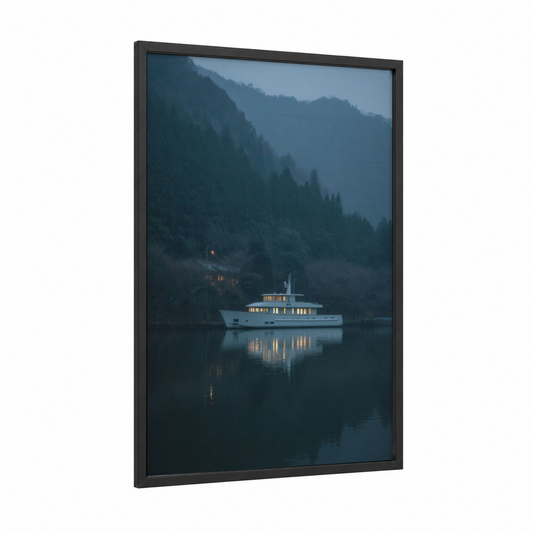 Misty Lake Yacht framed yacth print — black wood frame — dark blue and gray palette