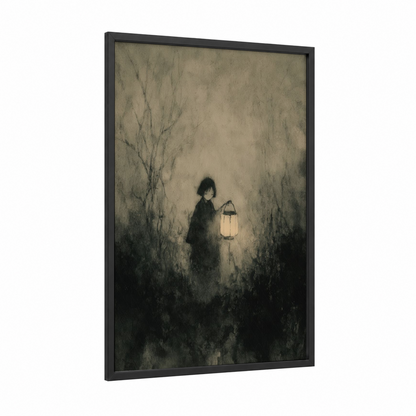 Lantern Ghost framed art print — black wood frame — black and white and gray palette