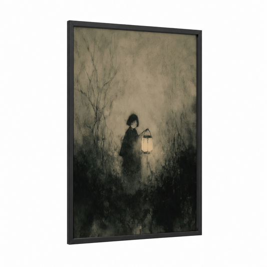 Lantern Ghost framed art print — black wood frame — black and white and gray palette