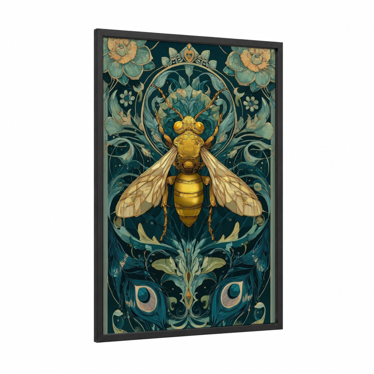 Golden Wasp Mandala framed art print — black wood frame — gold and teal palette