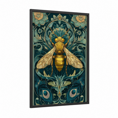 Golden Wasp Mandala framed art print — black wood frame — gold and teal palette