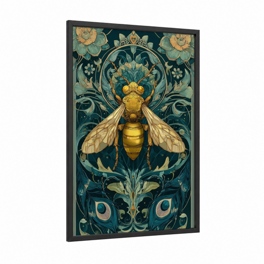 Golden Wasp Mandala framed art print — black wood frame — gold and teal palette
