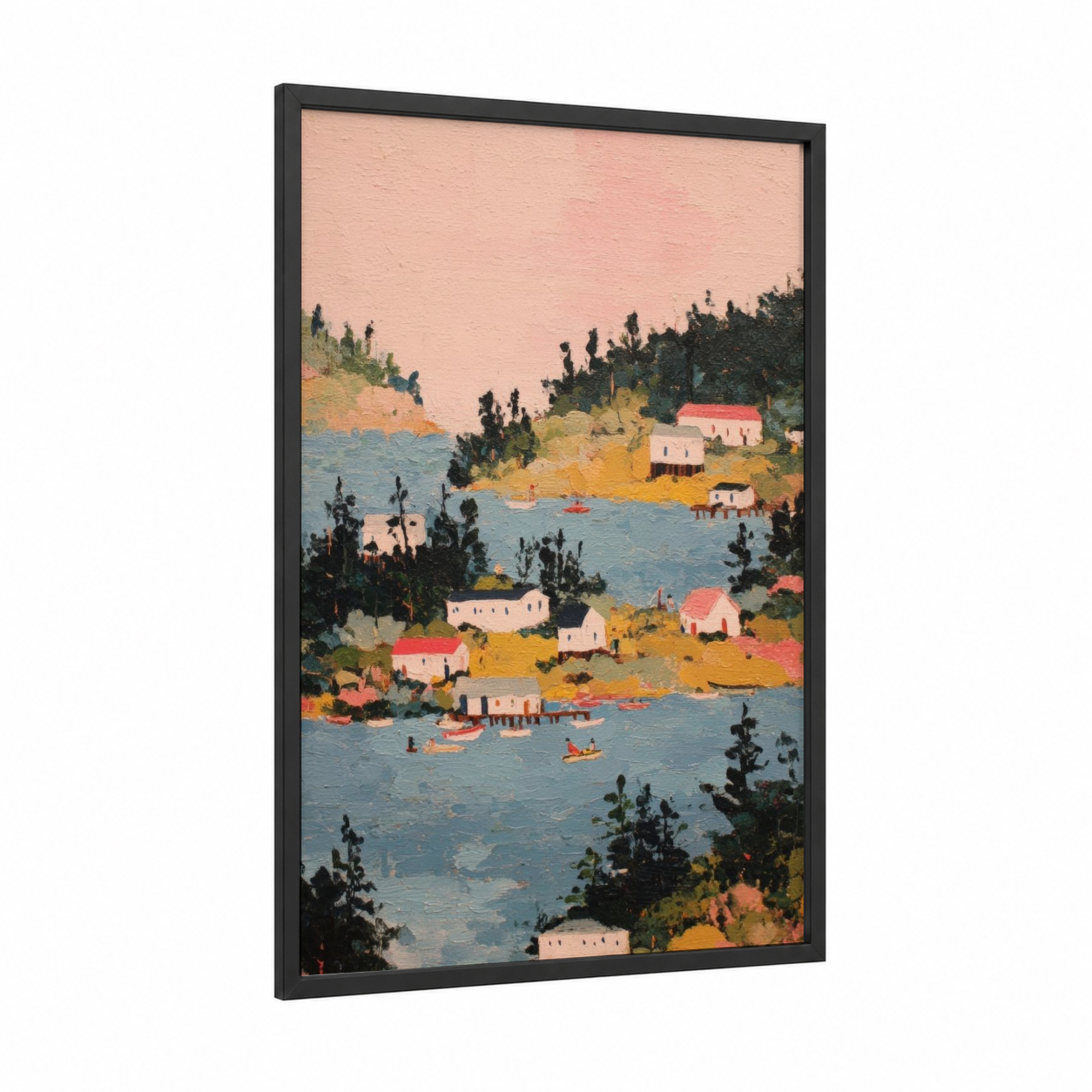Lakeside Island Village framed art print — black wood frame — peach and blue palette