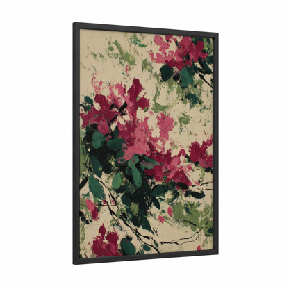 Crimson Rhododendrons framed art print — black wood frame — magenta and dark green palette