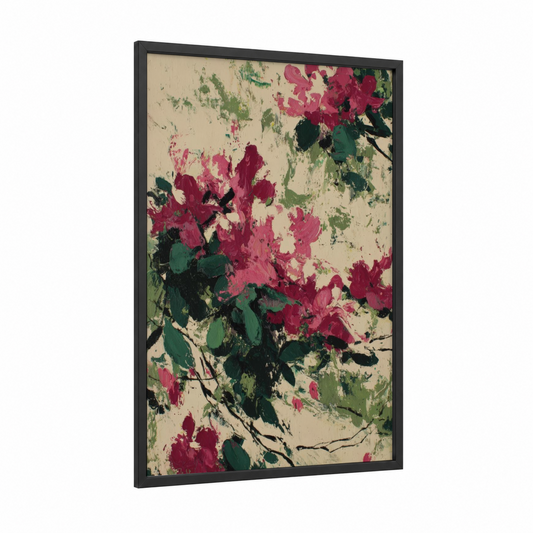 Crimson Rhododendrons framed art print — black wood frame — magenta and dark green palette