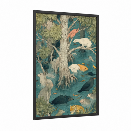 Mangrove Sanctuary framed art print — black wood frame — teal and light green palette