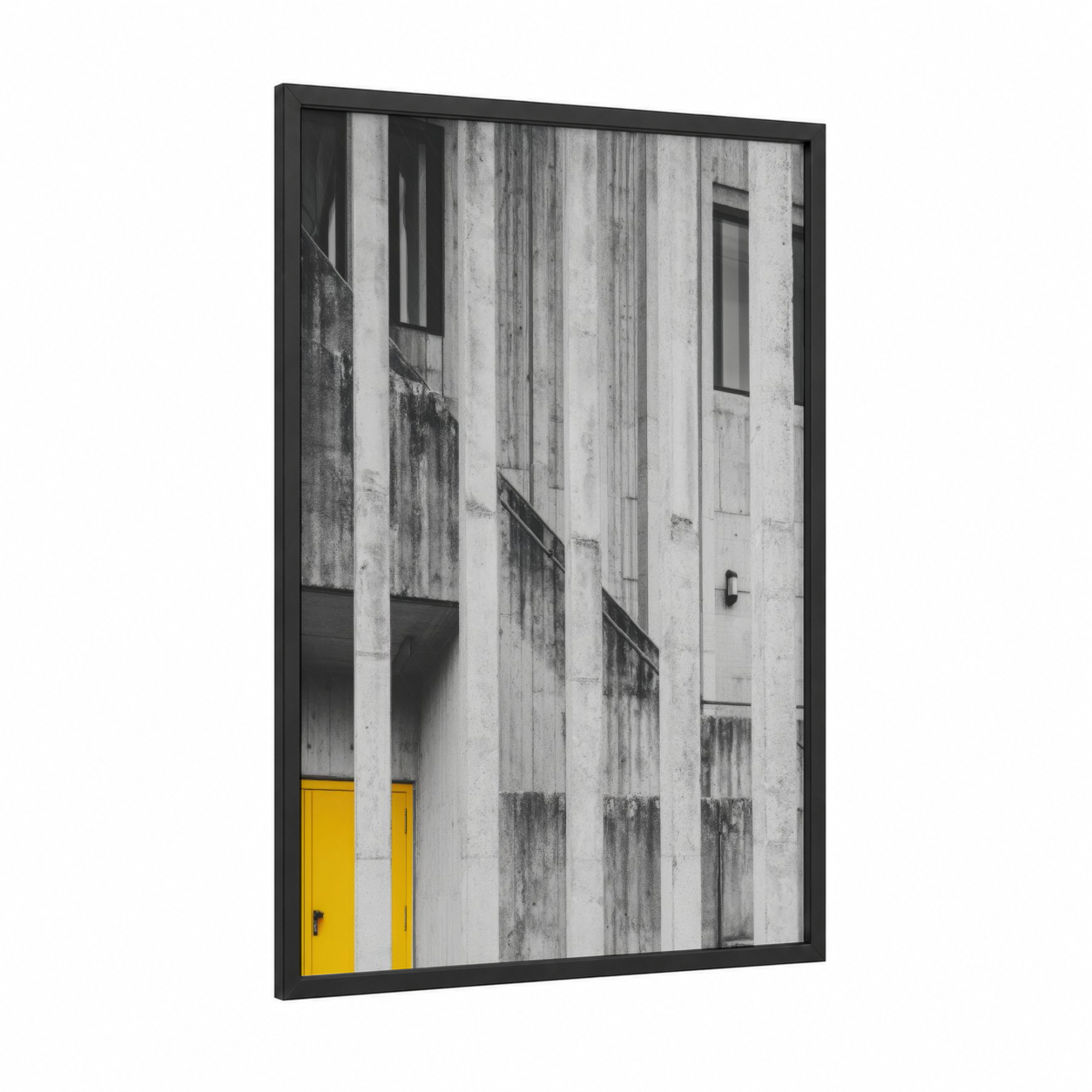 Weathered Brutalism framed abstract architecture print — black wood frame — black and white and yellow gold palette
