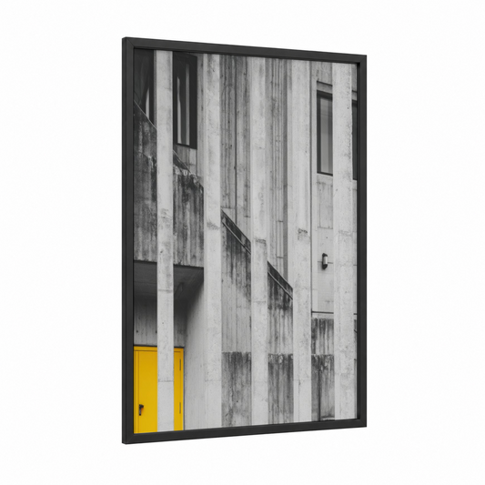 Weathered Brutalism framed abstract architecture print — black wood frame — black and white and yellow gold palette