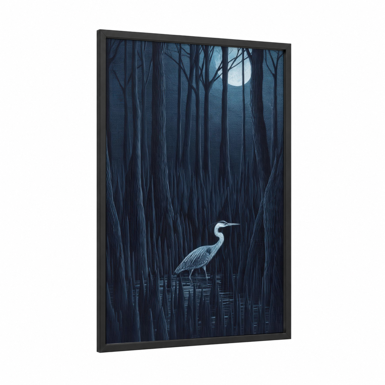 Moonlit Heron framed art print — black wood frame — dark blue and blue and white palette