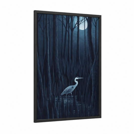 Moonlit Heron framed art print — black wood frame — dark blue and blue and white palette