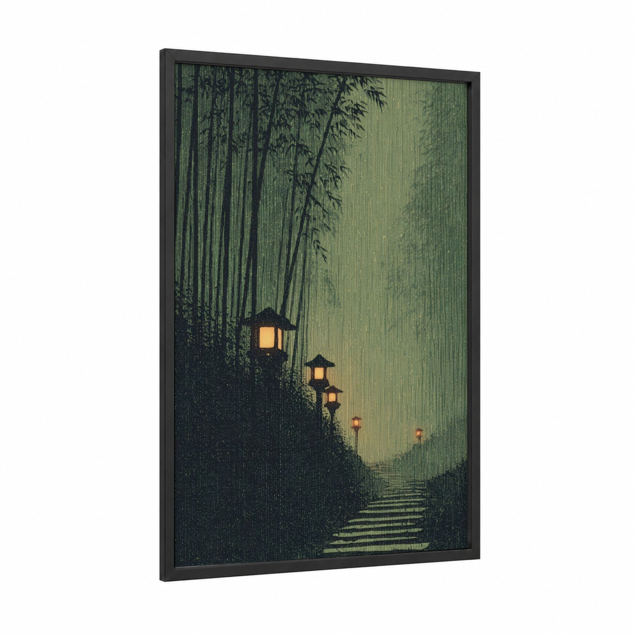Bamboo Lantern Path framed dreamscape print — black wood frame — dark green and gold and white palette