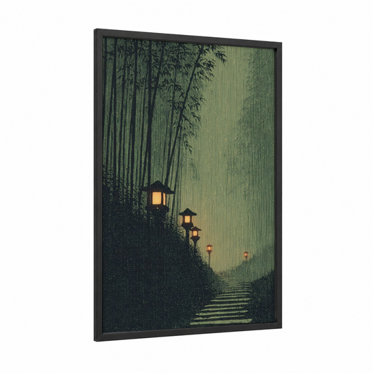 Bamboo Lantern Path framed dreamscape print — black wood frame — dark green and gold and white palette