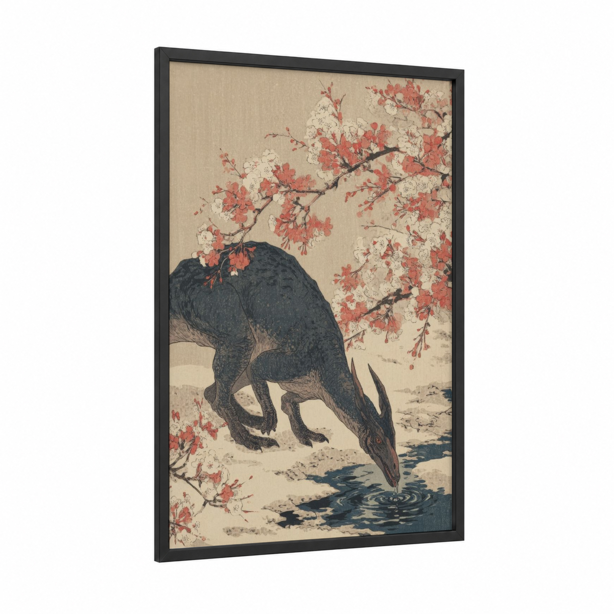 Cherry Blossom Dinosaur framed art print — black wood frame — cream and russet palette