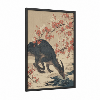 Cherry Blossom Dinosaur framed art print — black wood frame — cream and russet palette