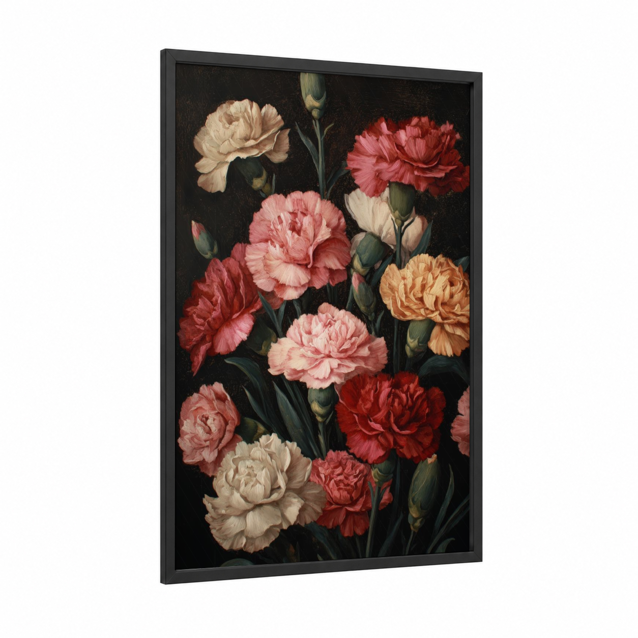 Romantic Carnation Bouquet framed carnations print — black wood frame — pink and cream palette