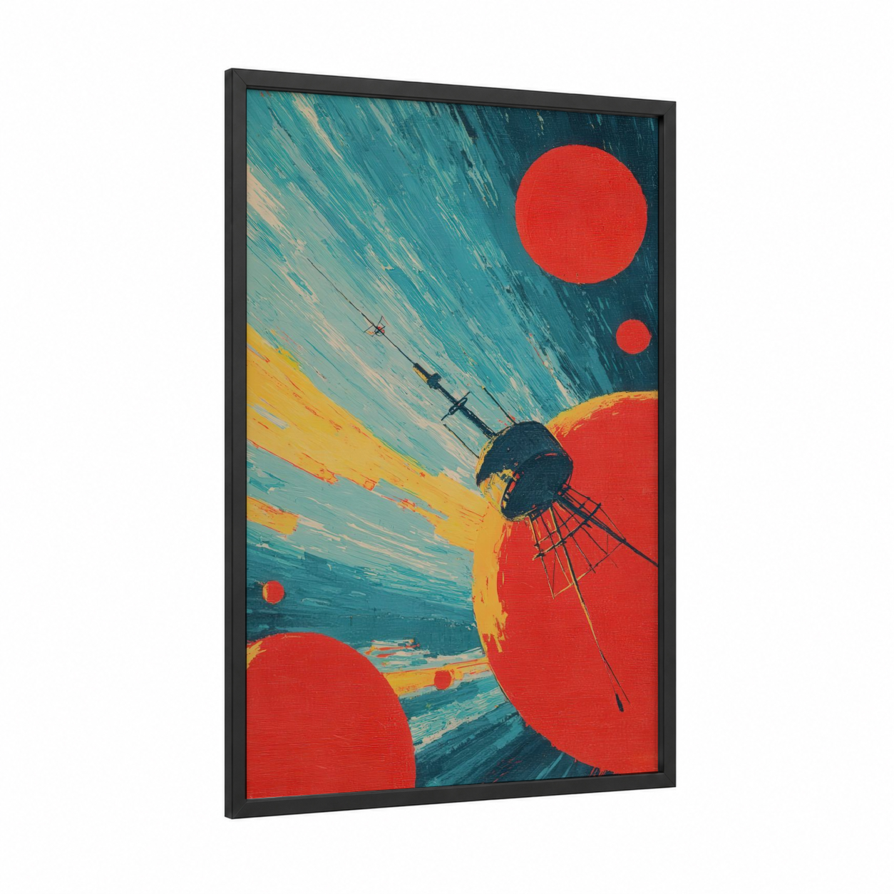 Orbital Reach framed satellite print — black wood frame — teal and red palette