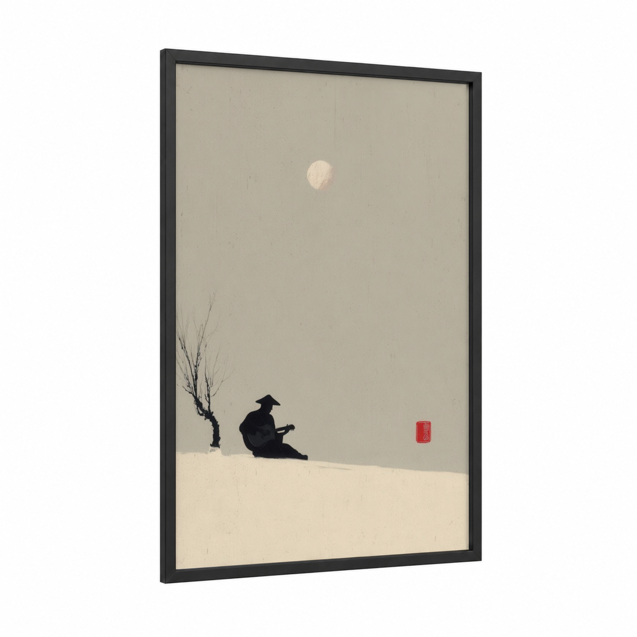 Solitary Blues framed art print — black wood frame — cream and black palette