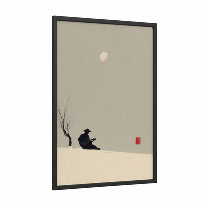Solitary Blues framed art print — black wood frame — cream and black palette