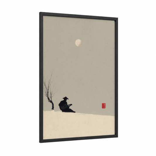 Solitary Blues framed art print — black wood frame — cream and black palette
