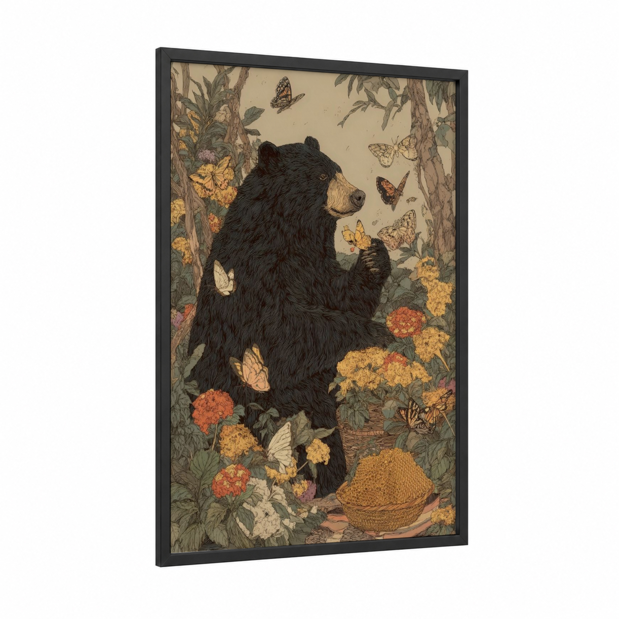 Honey-Gathering Bear framed sloth bear print — black wood frame — gold and cream palette