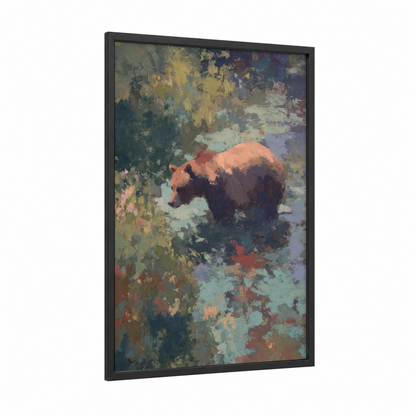 Russet Grizzly framed grizzly bear print — black wood frame — russet and bermuda gray palette