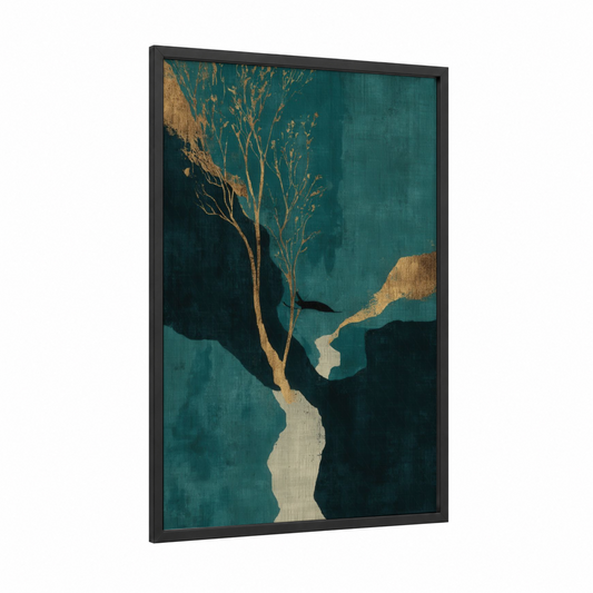 Golden Eel Migration framed eels print — black wood frame — teal and gold palette
