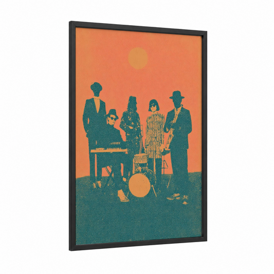 Funky Band Ensemble framed art print — black wood frame — orange and teal palette