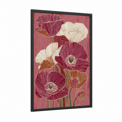 Lined Poppies framed art print — black wood frame — maroon and cream palette