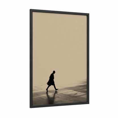 Solitary Runner framed abstract classic print — black wood frame — beige and black and white palette